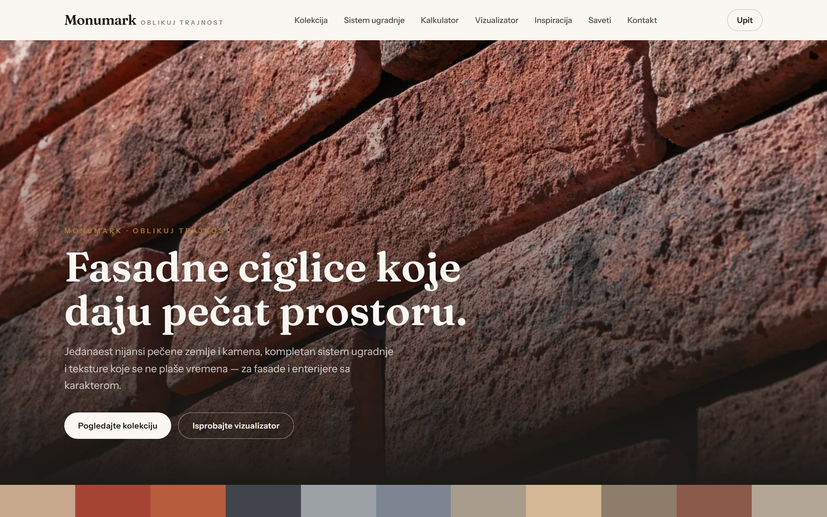 Monumark facade brick-slip website — premium editorial homepage built by Beacon